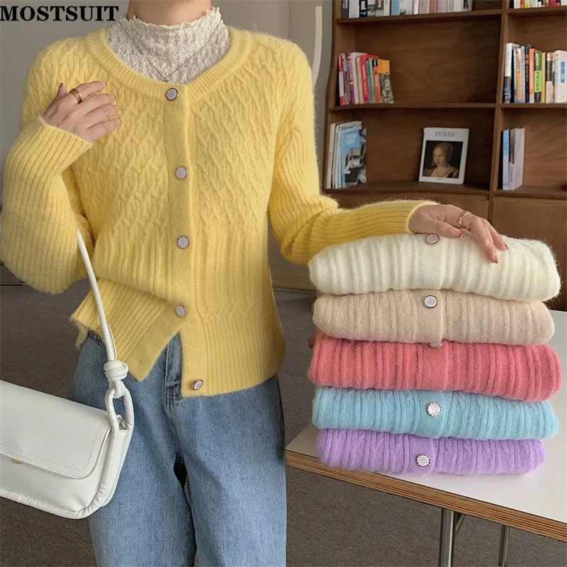 

Сплошная шикарная витая вязаная кардиган, Женский Осенний однобортный Трикотажный свитер с длинным рукавом и круглым вырезом, элегантные в...