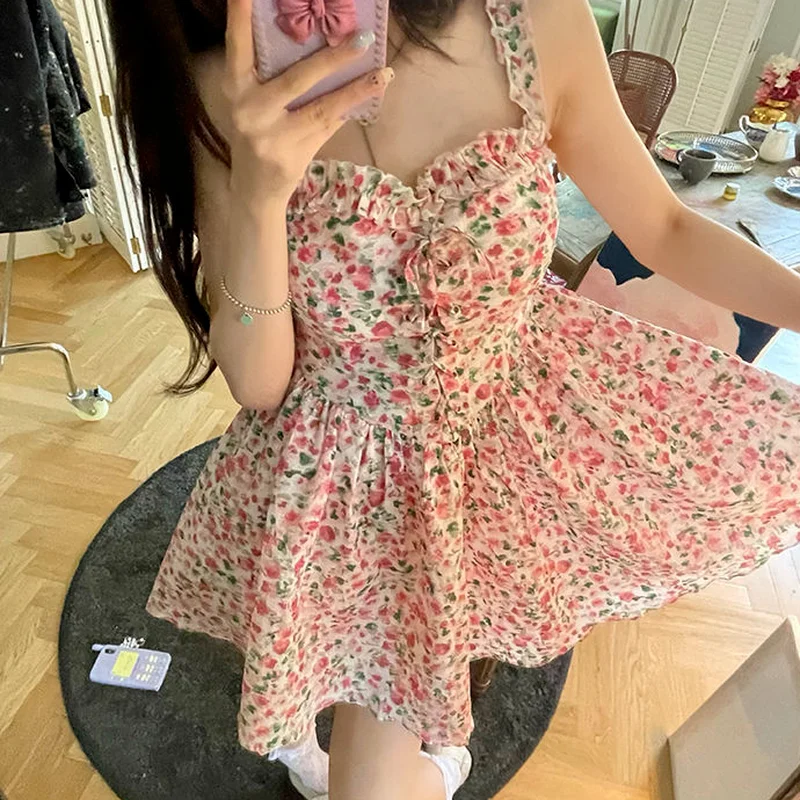 

Dress Women Sweet Floral Mini Summer Dress Spaghetti Straps Street Retro Maiden Students Clothing Korean Style Leisure Popular