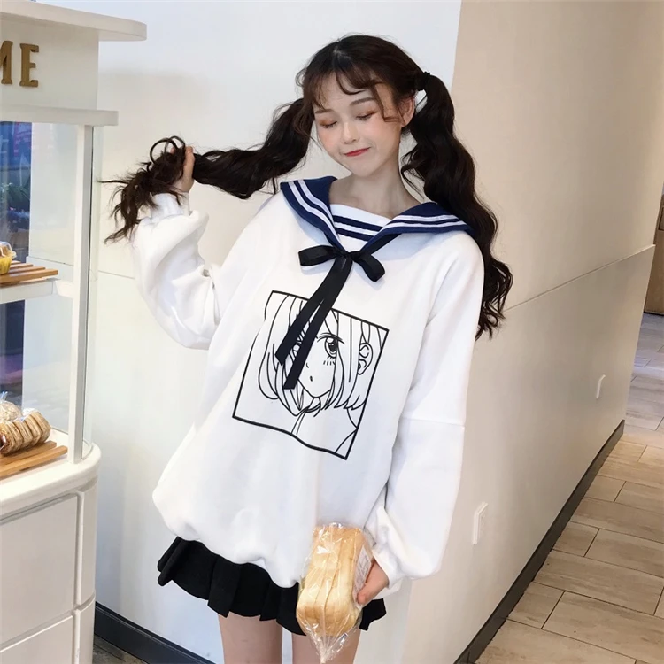 Зима Kawaii Сладкая девушка печати Лолита на шнуровке женские флисовые Harajuku повседневные свободные Лолита стиль длинный рукав спортивный костюм Толстовка