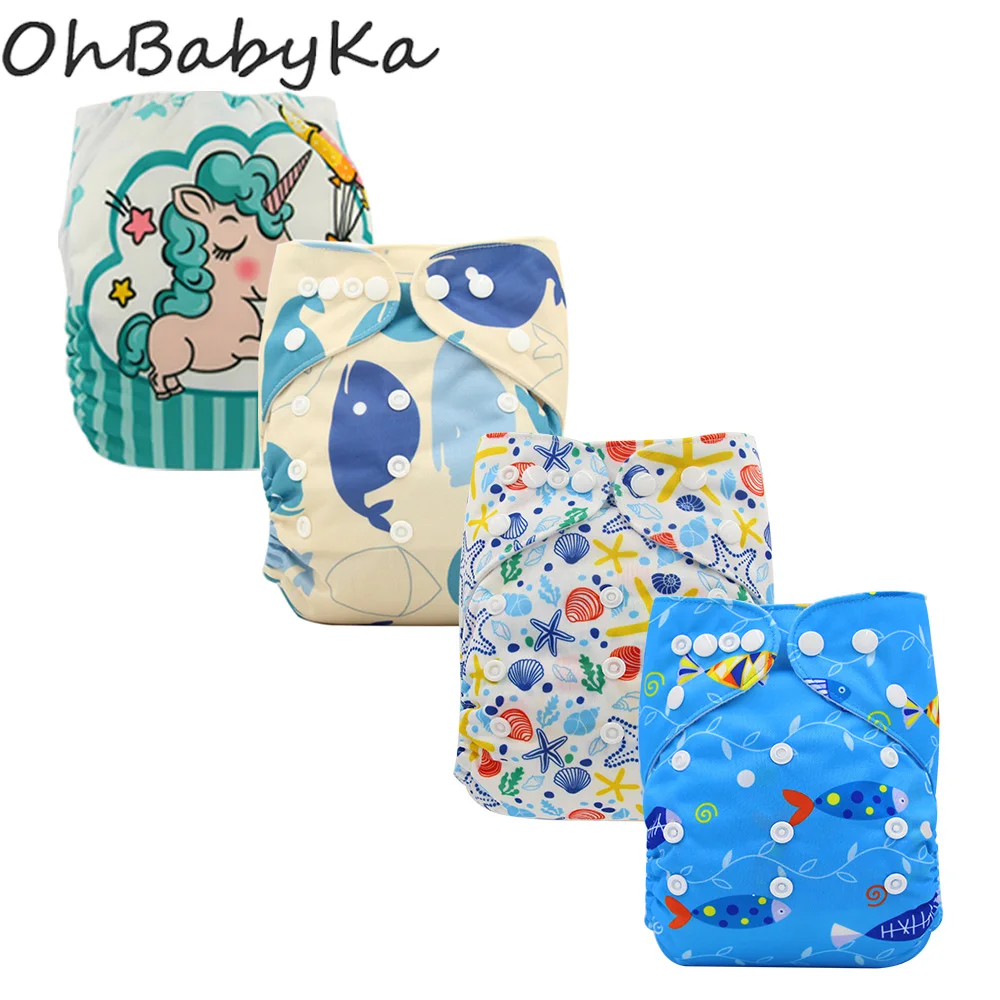 Тканевые Карманные Подгузники Детские Ohbabyka оптом многоразовые подгузники Единорог лиса печать Новорожденные Моющиеся Подгузники Обложка Один размер подходит всем
