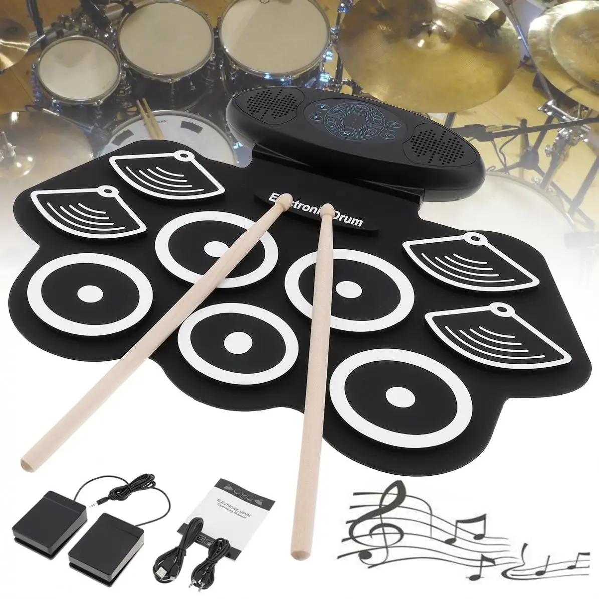 9 Pads Electronic Roll up Thicken Silicone Drum Double Speakers Stereo Electric Drum Kit with Drumsticks and Sustain Pedal enlarge