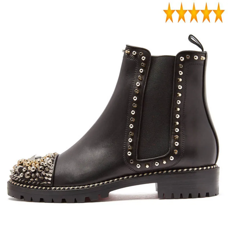 

Women Gothic Rivet Studded Winter Chelsea Punk Motorcycle Shoes Block Heels Genuine Leather Ankle Boots Runway Designer