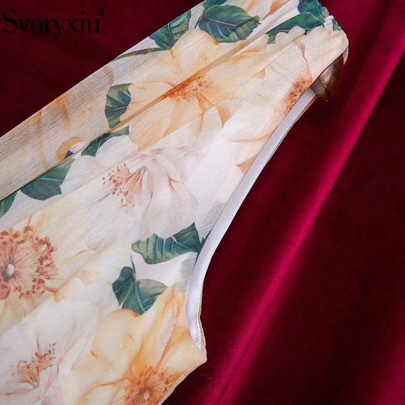

Svoryxiu 2021New Runway Fashion Summer Camellia Flower Print Maxi Dress Women's Cascading Ruffle V-Neck Tank Long Dresses
