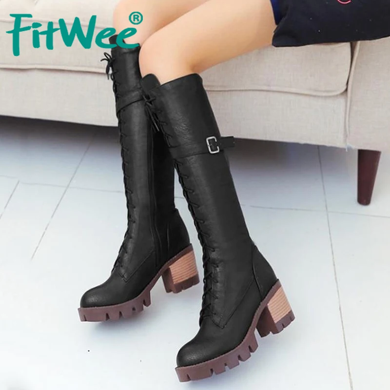 FITWEE/женские сапоги до колена на платформе с круглым носком женская Винтажная