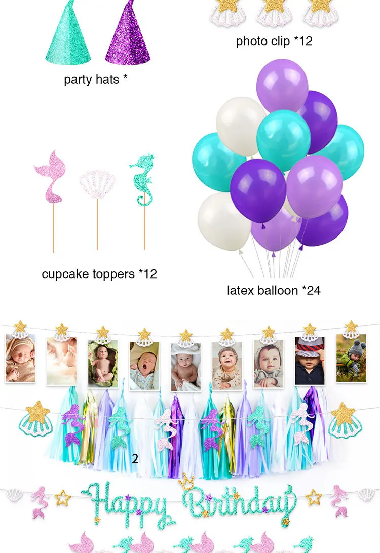 

Mermaid Party Latex Balloons Paper Banner Tassel Cupcake Toppers Hat Baby Birthday Party Decoration Baby Shower Party Supplies
