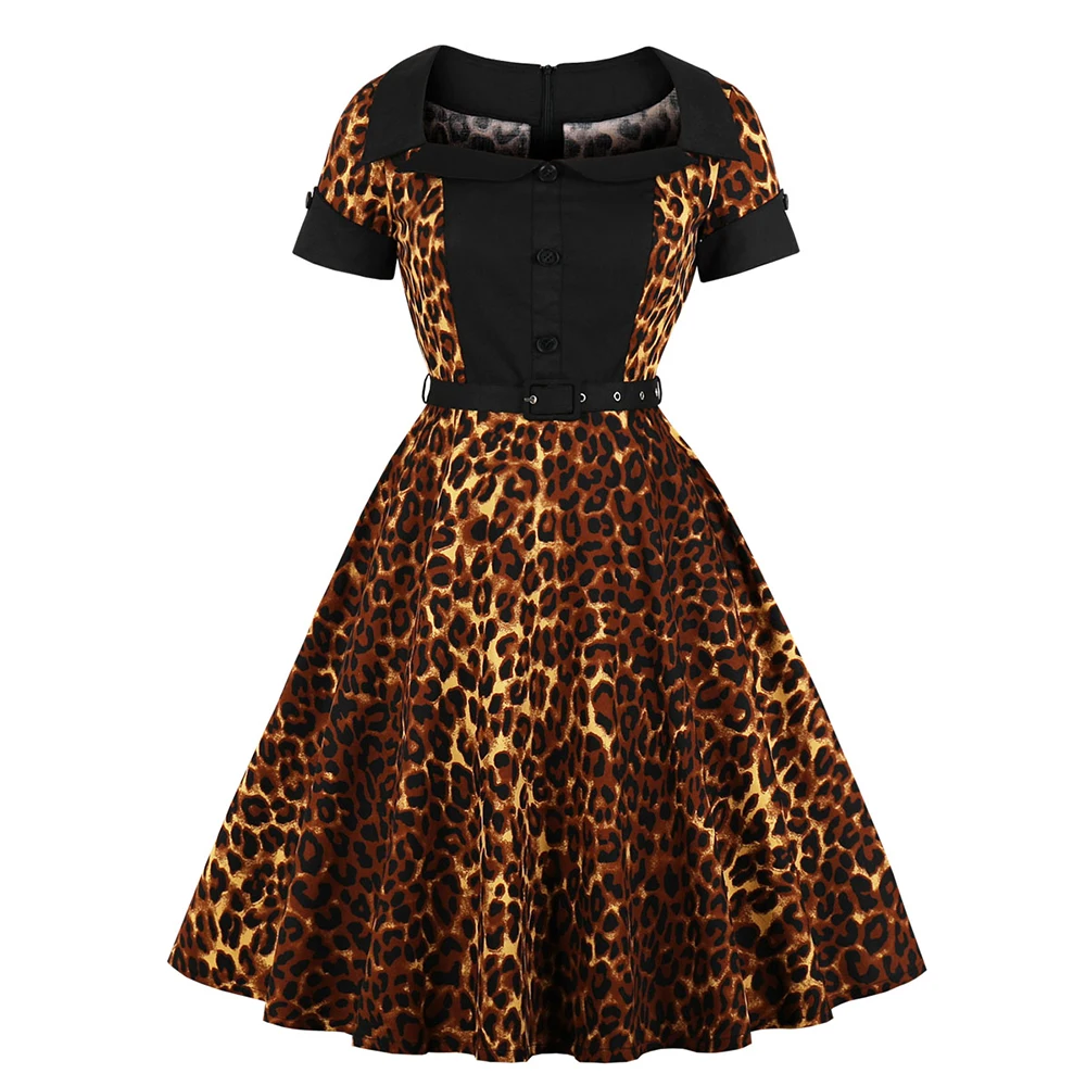 Фото Размера плюс женские миди платье в винтажном стиле с леопардовым - купить