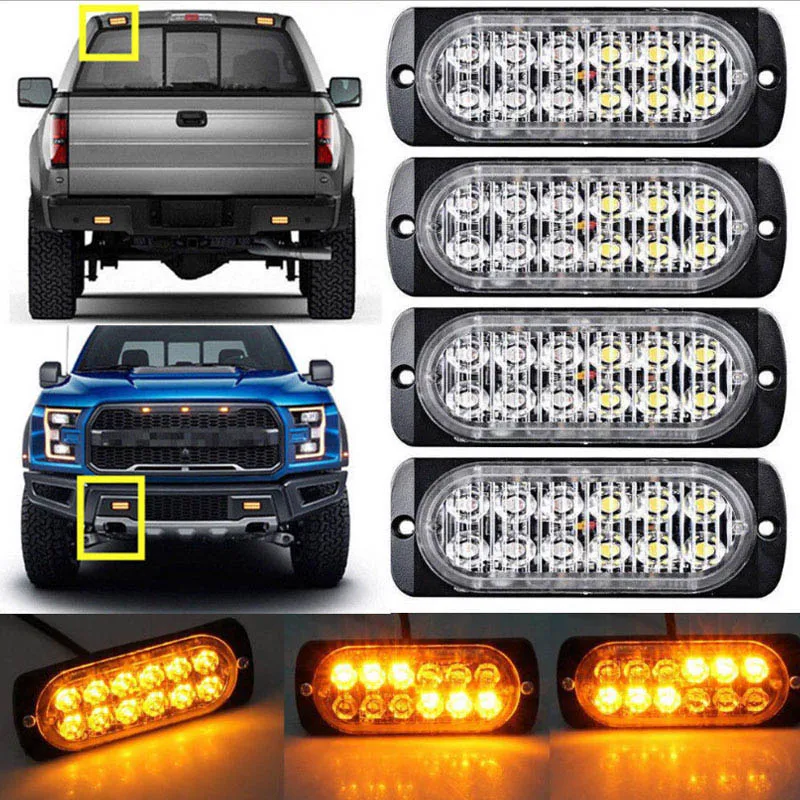 

4 Pcs 12-Led Flash Flashing Recovery Strobe Car Emergency Signal Led Orange Grill Breakdown Light Amber Fog Light Beacon Warning
