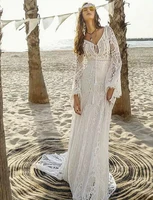 2021 new style flare sleeve sexy backless v neck bohemian beach lace wedding dresses bridal vestidos de novia sweep train