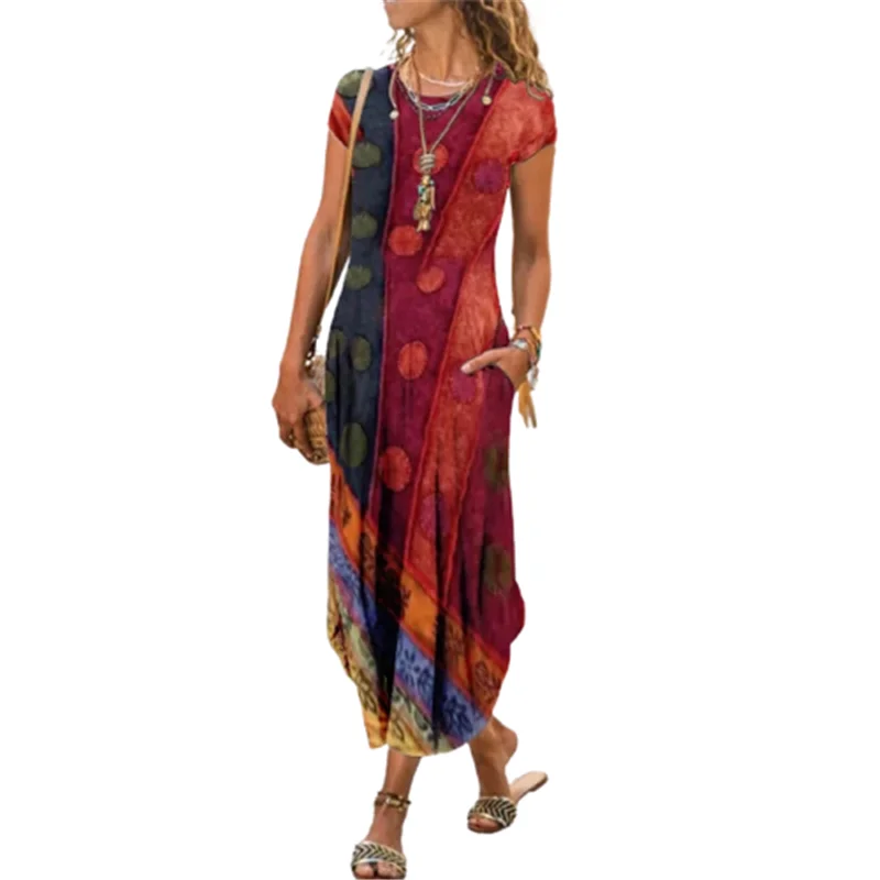 

New 2021 Summer Vintage Long Dress Women Boho Print Dress Robe Casual O-Neck Short Sleeve Pockets Irregular Maxi Dress Vestidos
