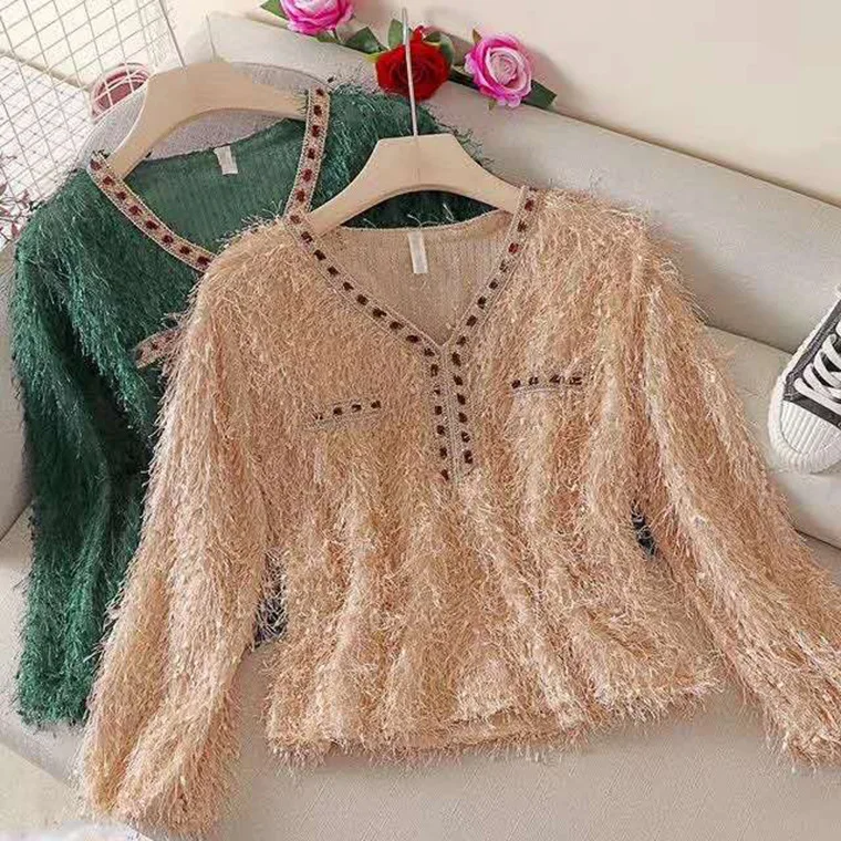

kywommnz Women Long-sleeved Shirt Fashion Feather Tassel Hedging Short Shirt Chiffon Tops Spring Autumn 2021 E527