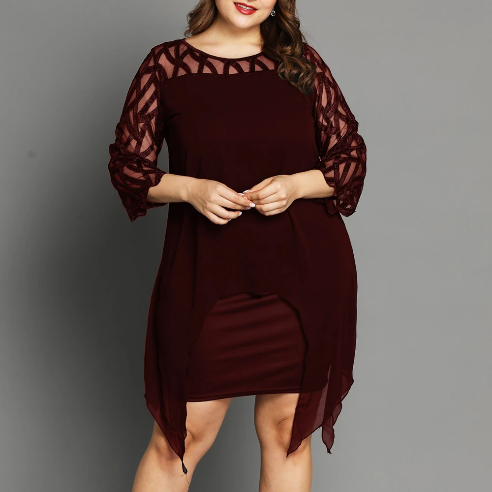 

L-6XL Women Plus Size Dress Elegant Ladies Black Sheer Lace Sleeve Dress 2020 Chic Casual Printed Lace Evening Party Dresses D30