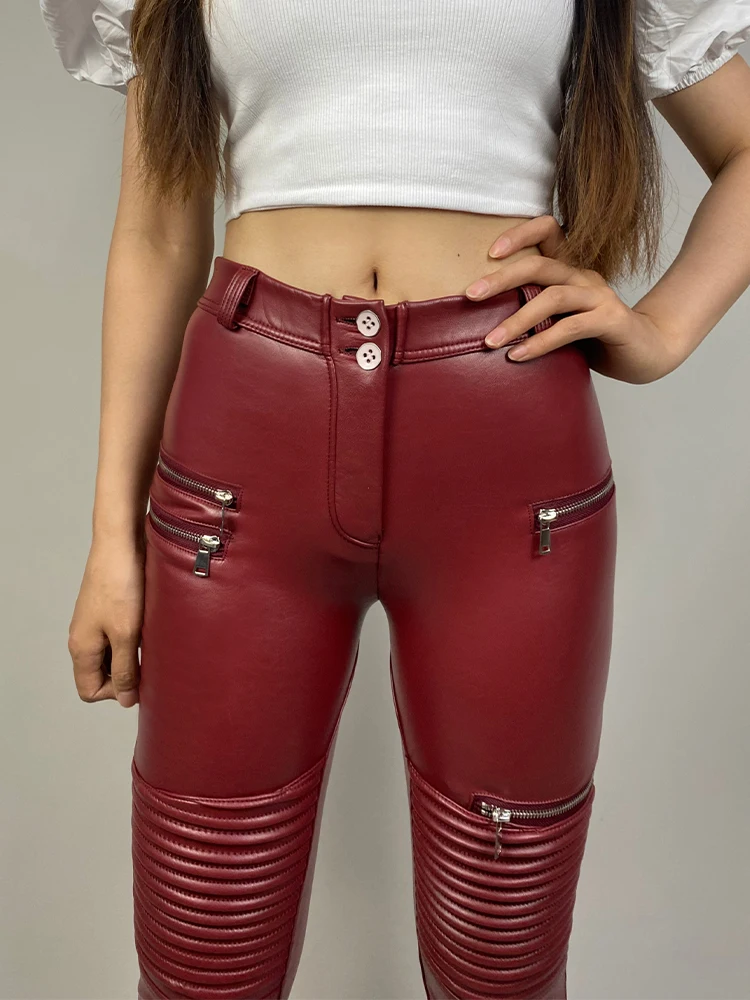 Shascullfites Melody Motorcycle Leather Pants for Women Faux Leather Zipper Pants Bum Scrunch Patent Leather Leggings Burgundy