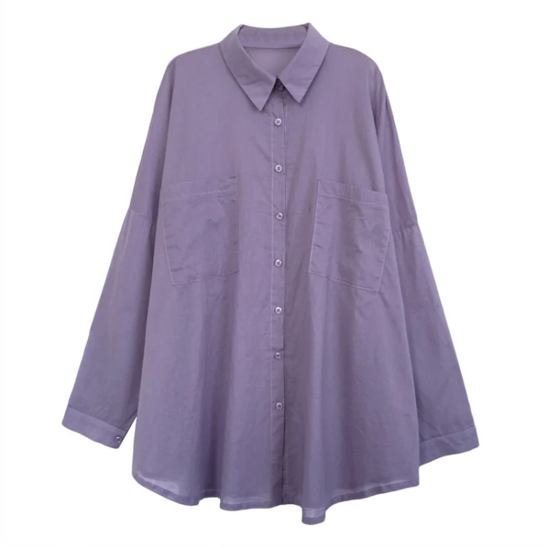 

Women Blouses Shirts Wild Vintage Blouses Sunscreen Solid Color Casual Shirts Loose Cotton Shirt Long Sleeve Lapel Blouse