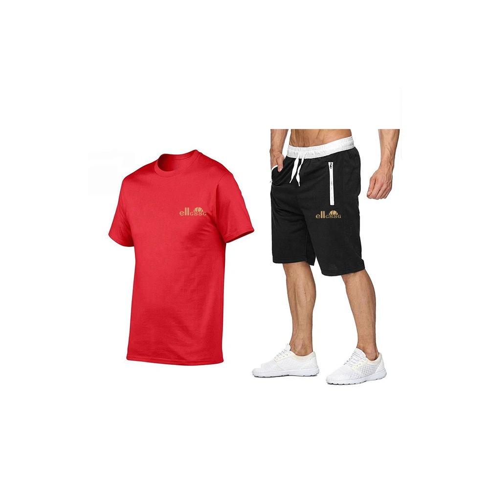 

Men's casual sports suit solid color short-sleeved T-shirt shorts zipper pocket breathable quick-drying simple streetwear