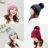 ladies winter faux fur pom pom print beanie hat knitted hat wool ball wool hat