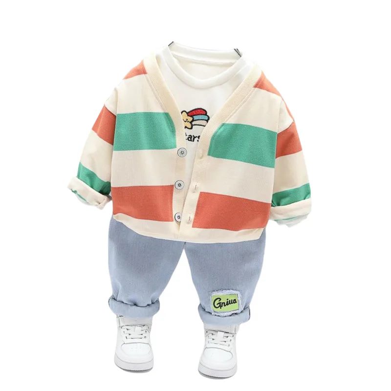 

New Spring Autumn Children Clothes Baby Boys Girls Striped Jacket Cartoon T Shirt Pants 3Pcs/sets Kids Infant Cotton Tracksuit