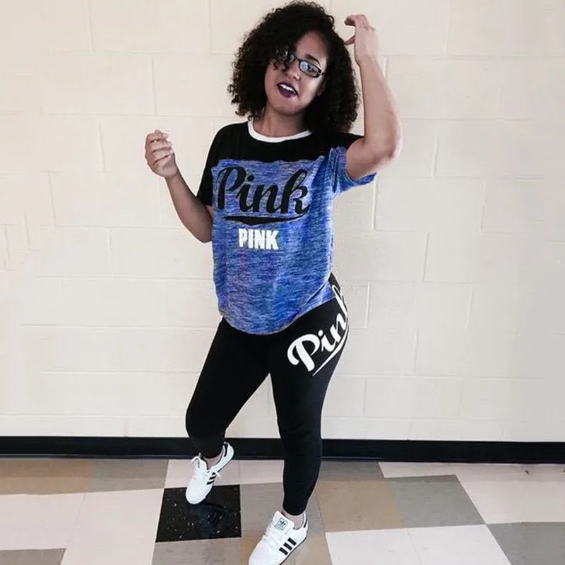 

Hot Letter PINK Print Women Outfit Short Sleeve T-Shirt And Long Bodycon Pants 2 Piece Set Plus Size Women's Tracksuit