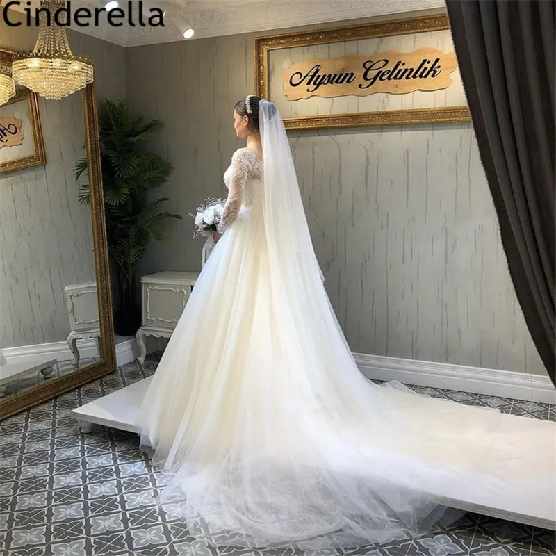 

Wedding Dresses V-Neck Long Sleeves A-Line Sweep Train Tulle Lace Applique Wedding Dresses Lace Up Bridal Gowns vestido de noiva