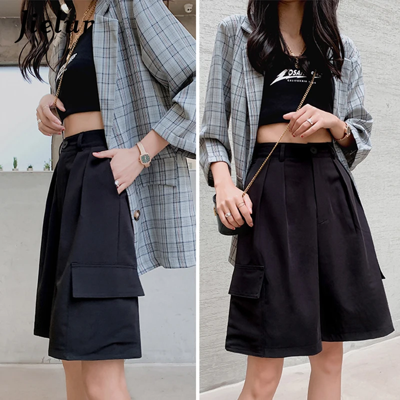 

Jielur Straight Wide Leg Shorts Female Summer 2020 New Korean Loose BF Short Pants Casual Black Gray Cargo Shorts Women S-XXL
