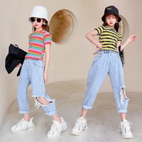 children clothing sets 2021 new fashion summer teenage girls striped tshirtjeans with big hole 2pcs outfits kids suit 4 13years