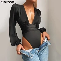 cinessd sexy v neck long sleeves bodysuits women folds elastic waist slim solid playsuits black shirring short jumpsuits rompers