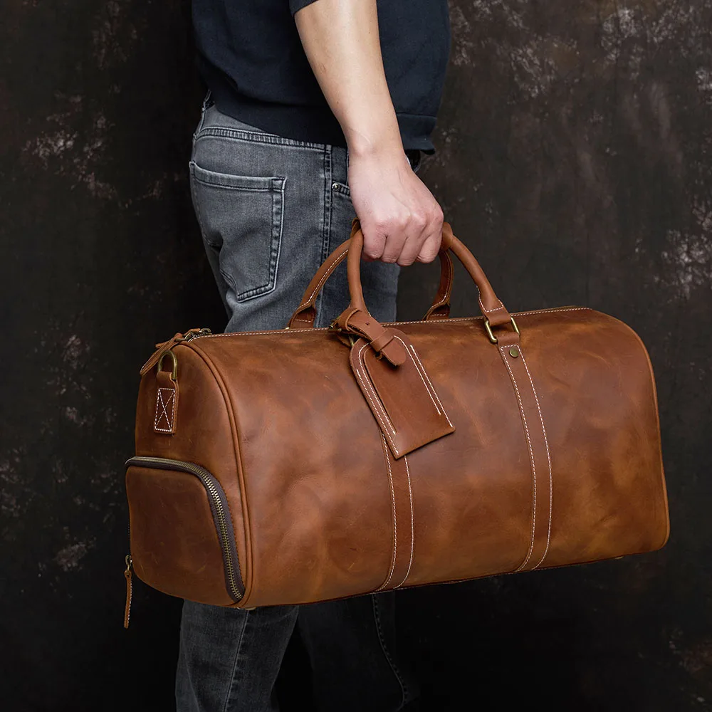 

NUPUGOO Vintage Men's Travel Bag Genuine Leather Hand Luggage Bag Large capacity Crossbody With Shoe Pocket For 15 Inch Laptop