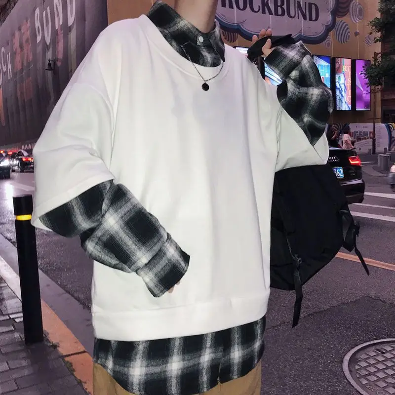 

Мужская Толстовка Harajuku, с длинными рукавами, имитация двух частей, лоскутный Топ, весна 2021, Корейская Свободная Повседневная индивидуальная...