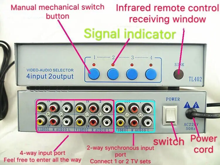 Новый TL420 аудио видео переключатель четыре в два выхода AV Переключатель с пультом