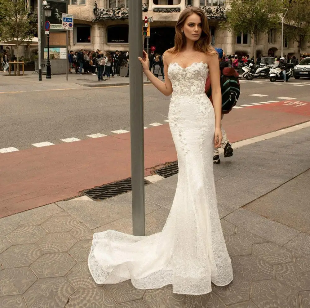 

2020 New Mermaid Wedding Dresses 2021 O-Neck Court Train Beaded Lace Tulle Trumpet Beach Bride Dresses Robe de mariee