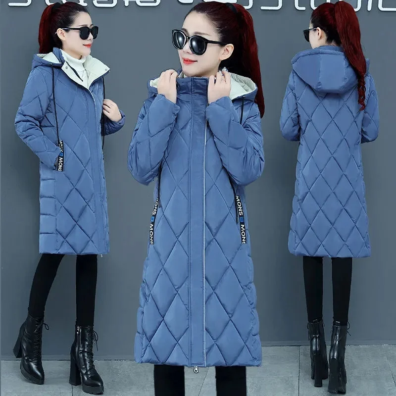 Off-season Down Cotton Jacket 2021 Winter New Cotton-padded Jacket Women Slim Lattice Mid-length The-knee Fashion Jacket A657