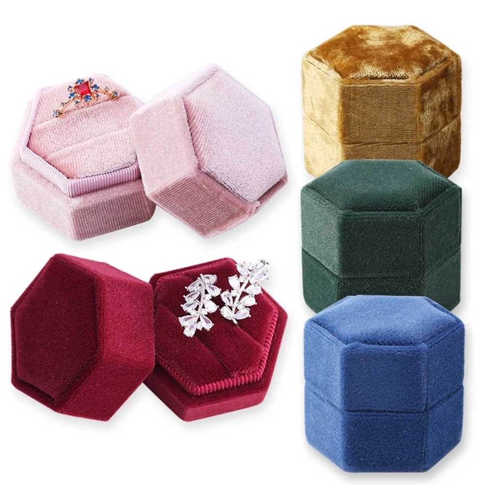 

Velvet Jewelry Box Double Ring Hexagon Shape Storage Box Wedding Ring Display For Woman Gift Earrings Packaging