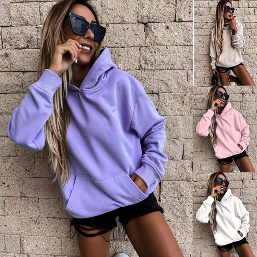 

Casual Solid Color Women Fleece Hoodies Autumn Winter Thick Warm Sweatshirts Ladies Hooded Pullovers with Pockets Fashion Cloth