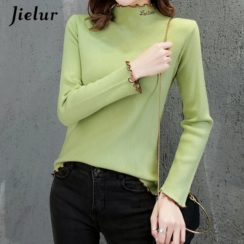Jielur 2019 корейские женские свитера с вышитыми буквами водолазка трикотажный