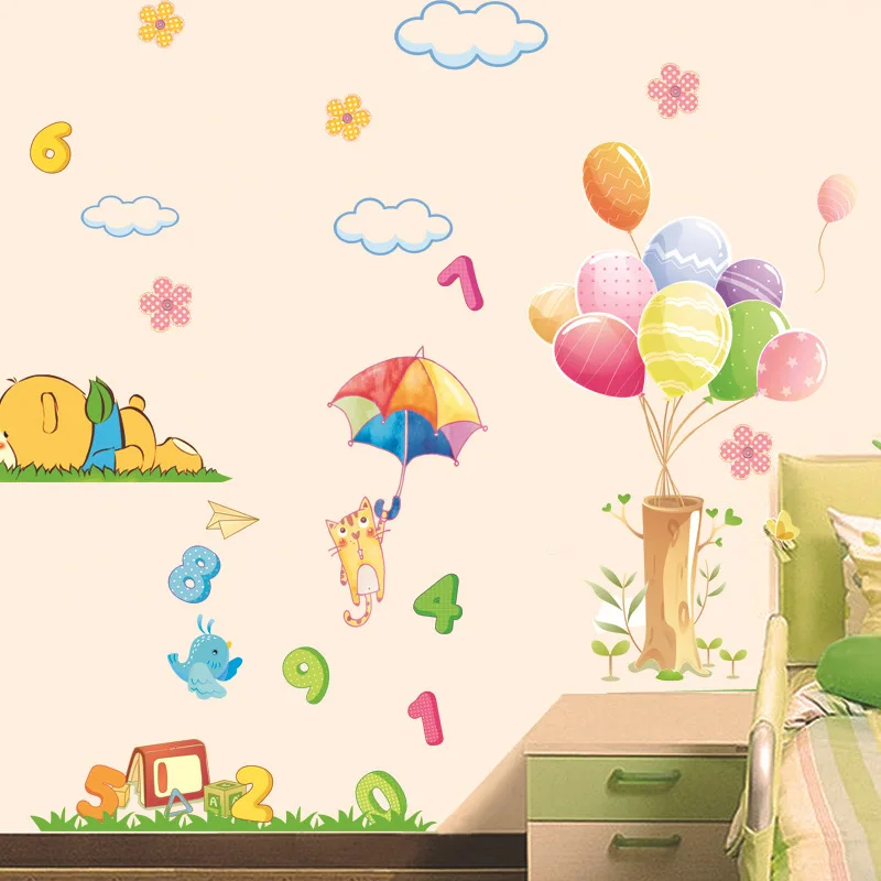 

Красочный воздушный шар милый медведь Летающий Кот облака цифры настенные наклейки для детской комнаты девушки комнаты спальни настенный ...