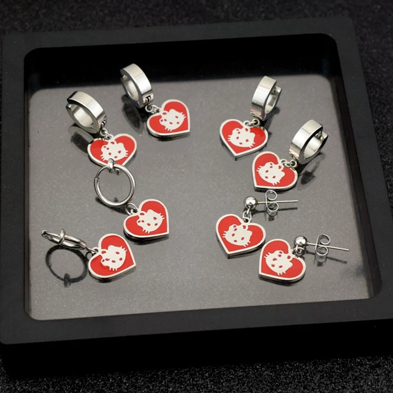 Новый Нержавеющая сталь красный милые серьги кошки не пирсинг металл с принтом