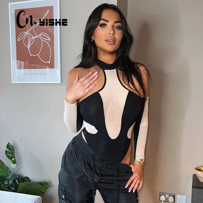 

CNYISHE Casual Slim Streetwear Off Shoulder Bodysuit Women Jumpsuits Fashion 2022 Spring White Black Patchwork Office Lady Tops