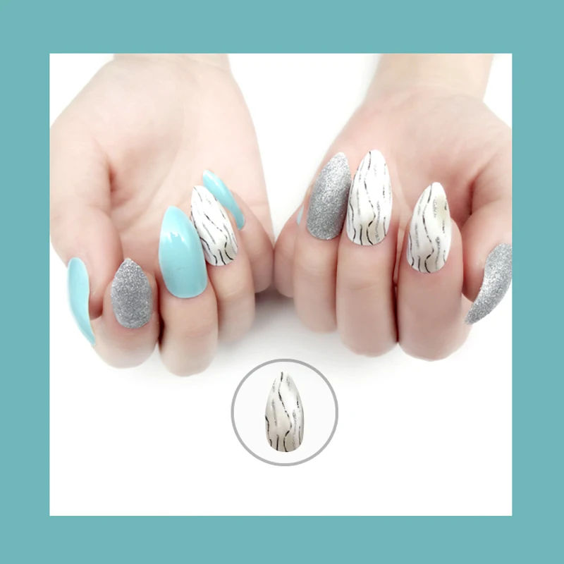 

24pcs/lot Hot Sell Fashion Glitter False Fingernail Sharp Head False Nails Decoration 6 Color Choose Nail Art Professional Tips