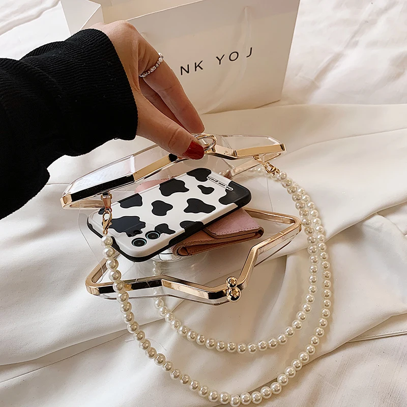 

Five-pointed Star Fashionable Female Bag 2021 Trend Pearl Chain Shoulder Bags PVC Unusual Summer Party Women's Transparent Bag