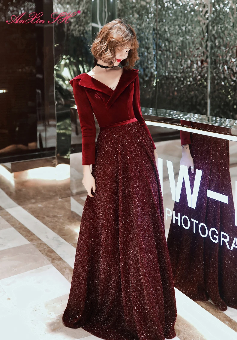 AnXin SH в винтажном стиле с v образной горловиной винно красный бархат Длинные