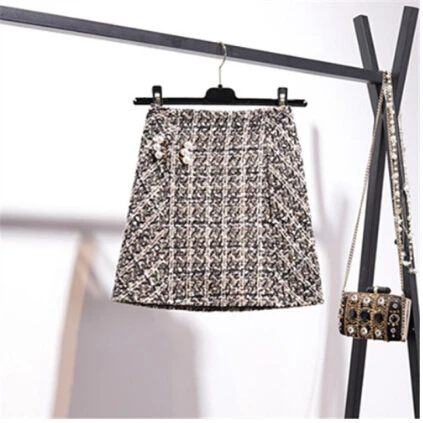 Skirt Smthma/Новые осенне-зимние женские комплекты из 2 предметов, Женский Яркий шелковый свитер с длинными рукавами+ твидовая юбка с жемчужинами - Цвет: Skirt