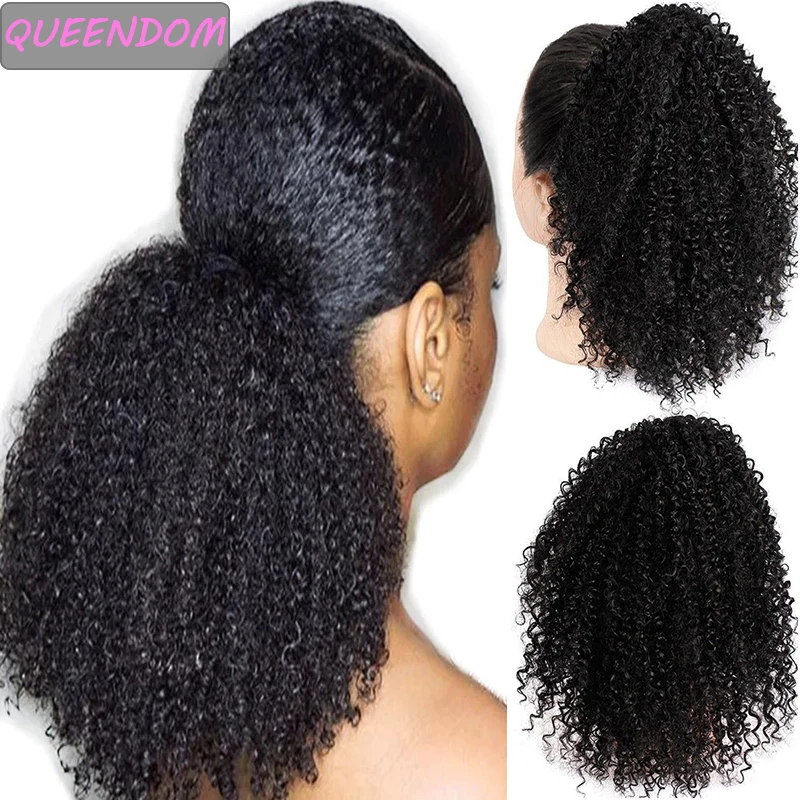 

Afro Kinky Curly Drawstring Ponytail Hair Extensions Clip In Pony Tail Ombre Synthetic Short African American Hairpieces Brown