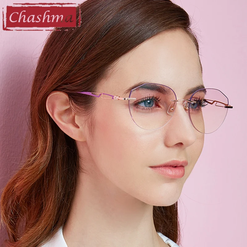 

Chashma Rimless Frame Titanium Fashion Eye Glasses Diamond Trimmed Spectacle Women Sunglasses Tint Lens