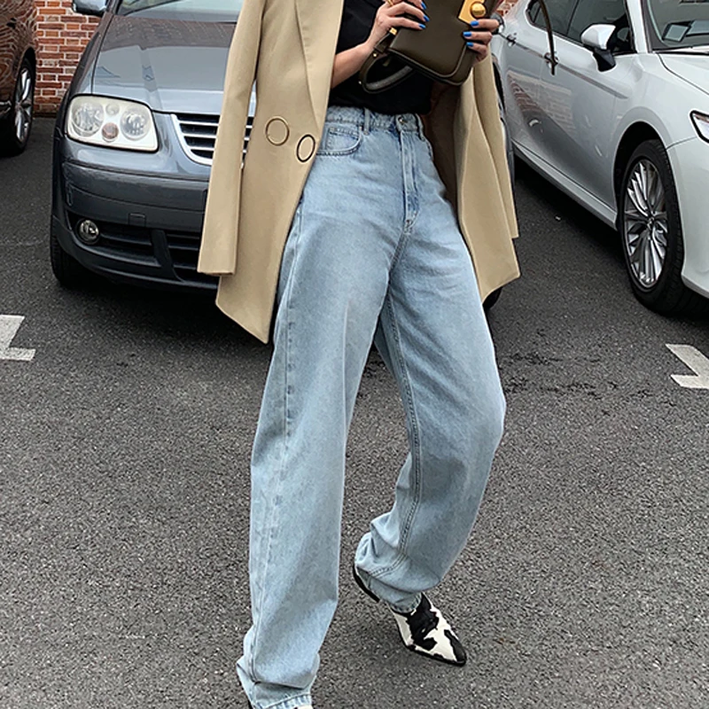 

Floor-length Jeans Women Wide Leg Jeans Ladies Blue Jeans Pants High Waist Pockets Female Denim Trousers Vintage Chic