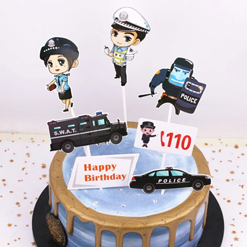

Cake Topper Police Dream Birthday Police Car Fire Truck Happy Birthday cake Toppers flags for Baby Party Cake Decorations