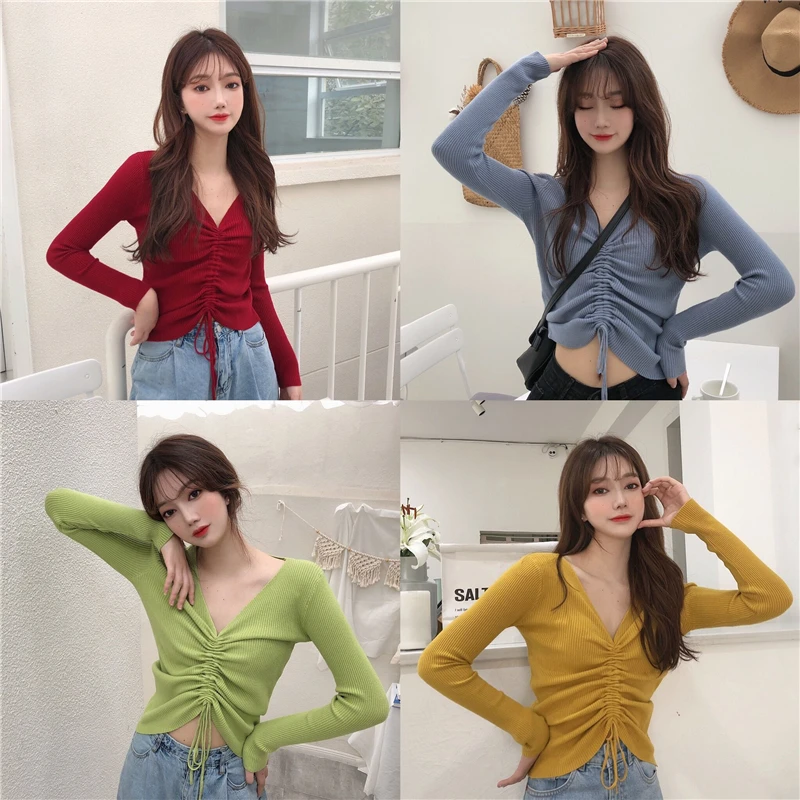 

Осенняя облегающая женская футболка с V-образным вырезом, топ на шнуровке, пуловер, вязаная одежда с коротким длинным рукавом, женские топы, ...