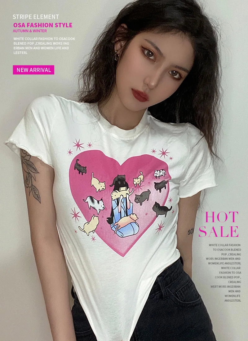 

Gagaopt New Short Bare Midriff round Neck White Girl Blouse Summer Cool Printed Summer Cotton Bottoming Shirt