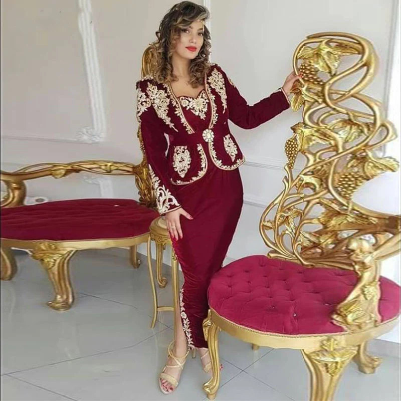 

Gold Lace Evening Dresses Burgundy Algerian Long Sleeves With Jacket Short Prom Gowns Two Pieces Mother Party Gowns