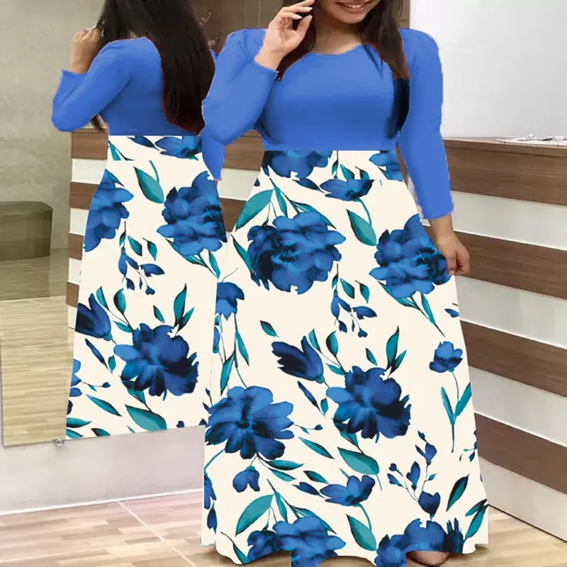 

Plus Size Women Autumn Print Stitching Flower Casual Long Party Dress 2020 Vestidos Bodycon Elegant Sexy Woman Maxi Dress Femme