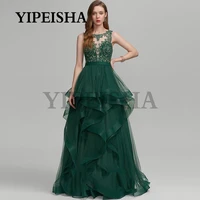 o neck lace appliques a line evening dresses see through ruched tulle sleeveless prom party gown robes de soir%c3%a9e vestidos