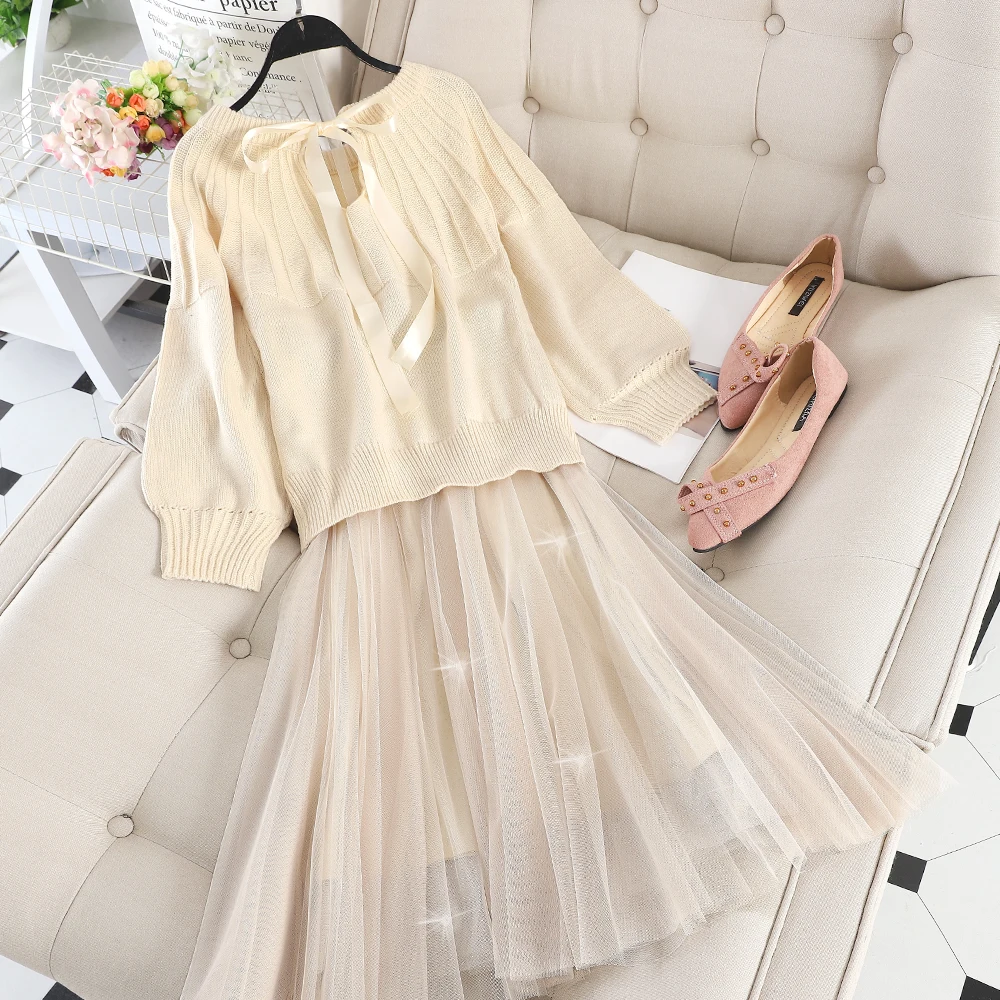 ALPHALMODA милый женский комплект юбки и свитера вязаный Топ с бантом воротником +